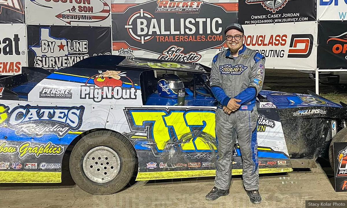 Trevor Hughes won the Walker, Warren & Jordan Land Surveying USRA Modified feature during Round 18 of the KR Cup presented by Parkway Buick GMC on JRT Trucking Night at the Rocket Raceway Park in Petty, Texas, on Saturday, July 30, 2022. It was his career first win in a USRA Modified.