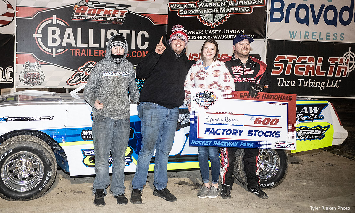 Brandon Brown won the By-Line Surveying USRA Factory Stock main event at the Rocket Raceway Park in Petty, Texas, on Saturday, March 4, 2023.
